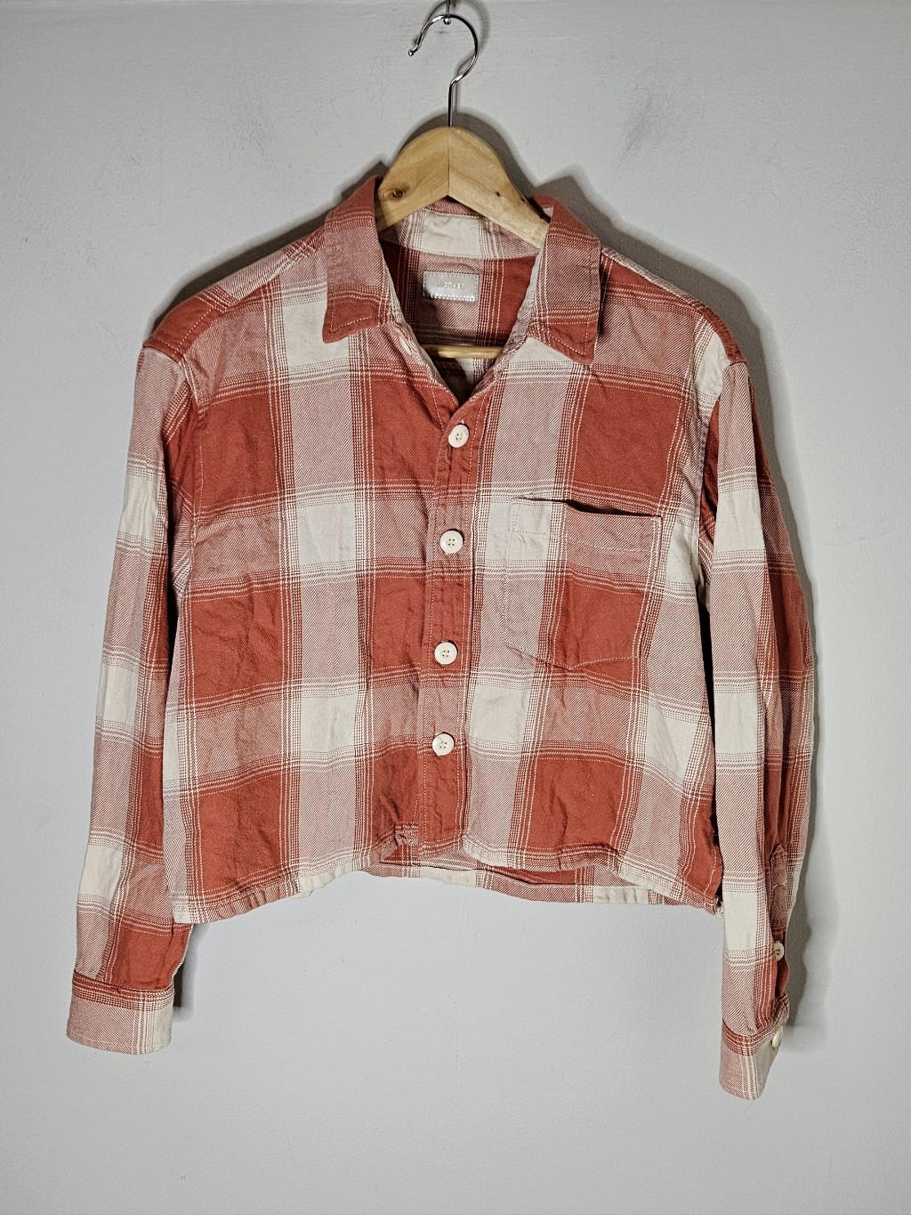 Mother Denim Plaid Overshirt Orange Cropped Button Front Cotton Women's S